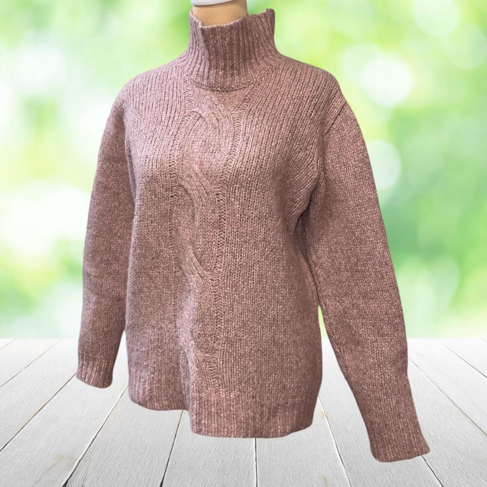 TRENERY Alpaca Blend Sweater Cable Knit Italian Yarn Turtleneck Dusty Pink Sz S